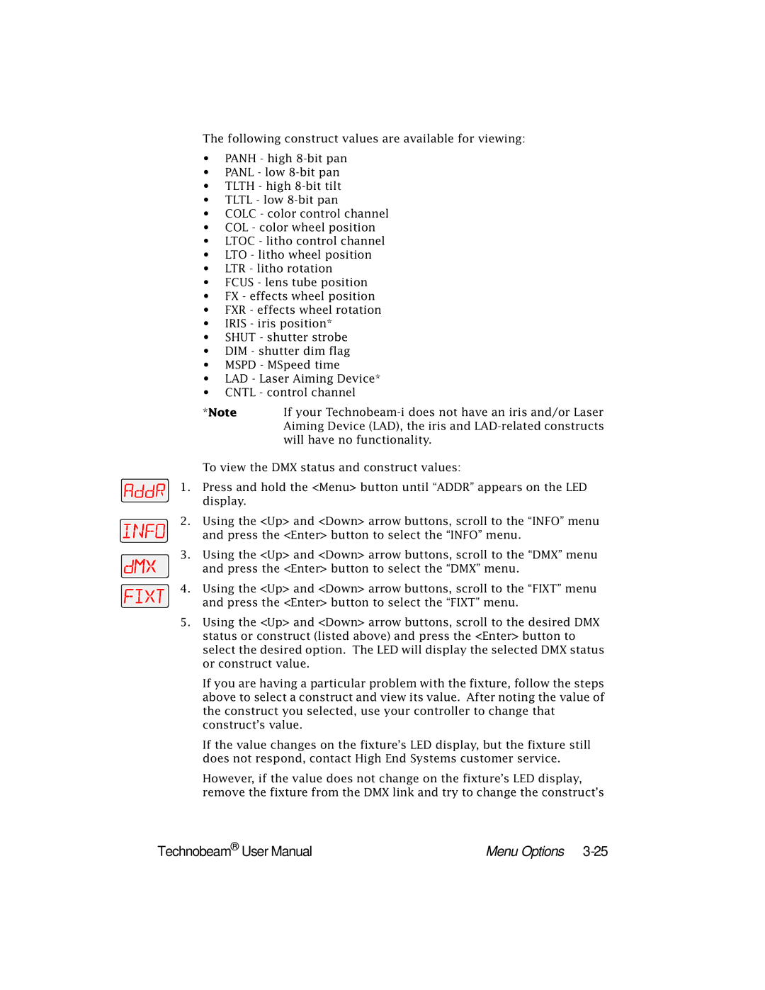 High End Systems Technobeam manual Menu Options 