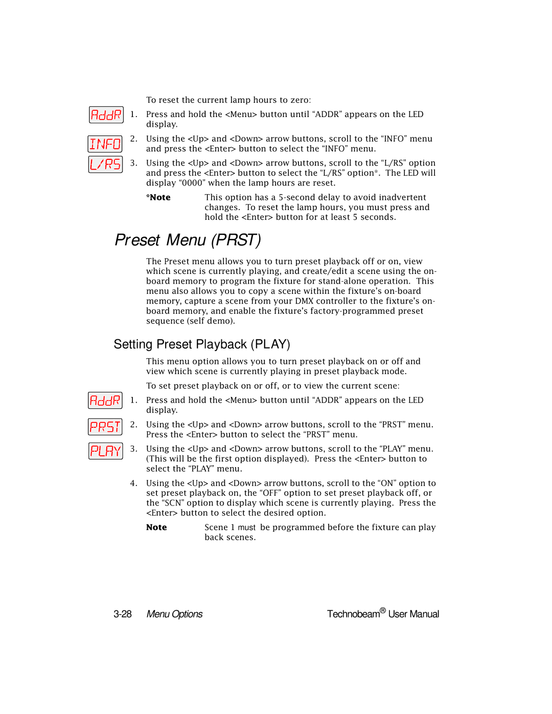 High End Systems Technobeam manual Preset Menu Prst, Setting Preset Playback Play, 28Menu Options 