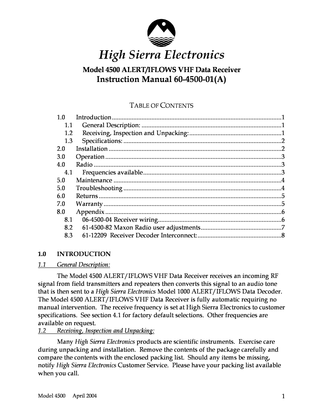 High Sierra Alert/IFlows VHF Data Receiver, 4500 instruction manual 1.0INTRODUCTION, 1.1General Description 