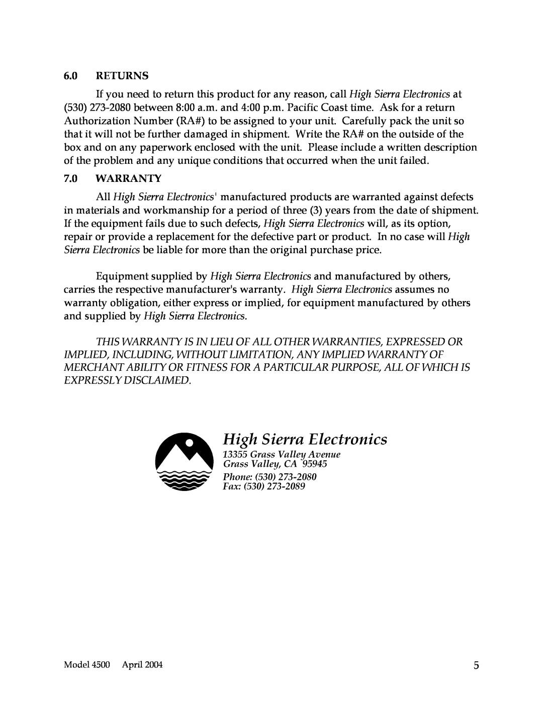 High Sierra Alert/IFlows VHF Data Receiver, 4500 instruction manual 6.0RETURNS, 7.0WARRANTY 