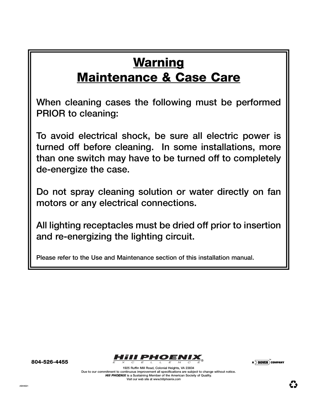 Hill Phoenix 05DMA manual Maintenance & Case Care 