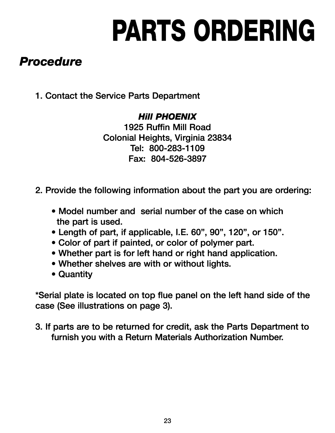 Hill Phoenix KRZH manual Parts Ordering, Procedure, Hill PHOENIX 