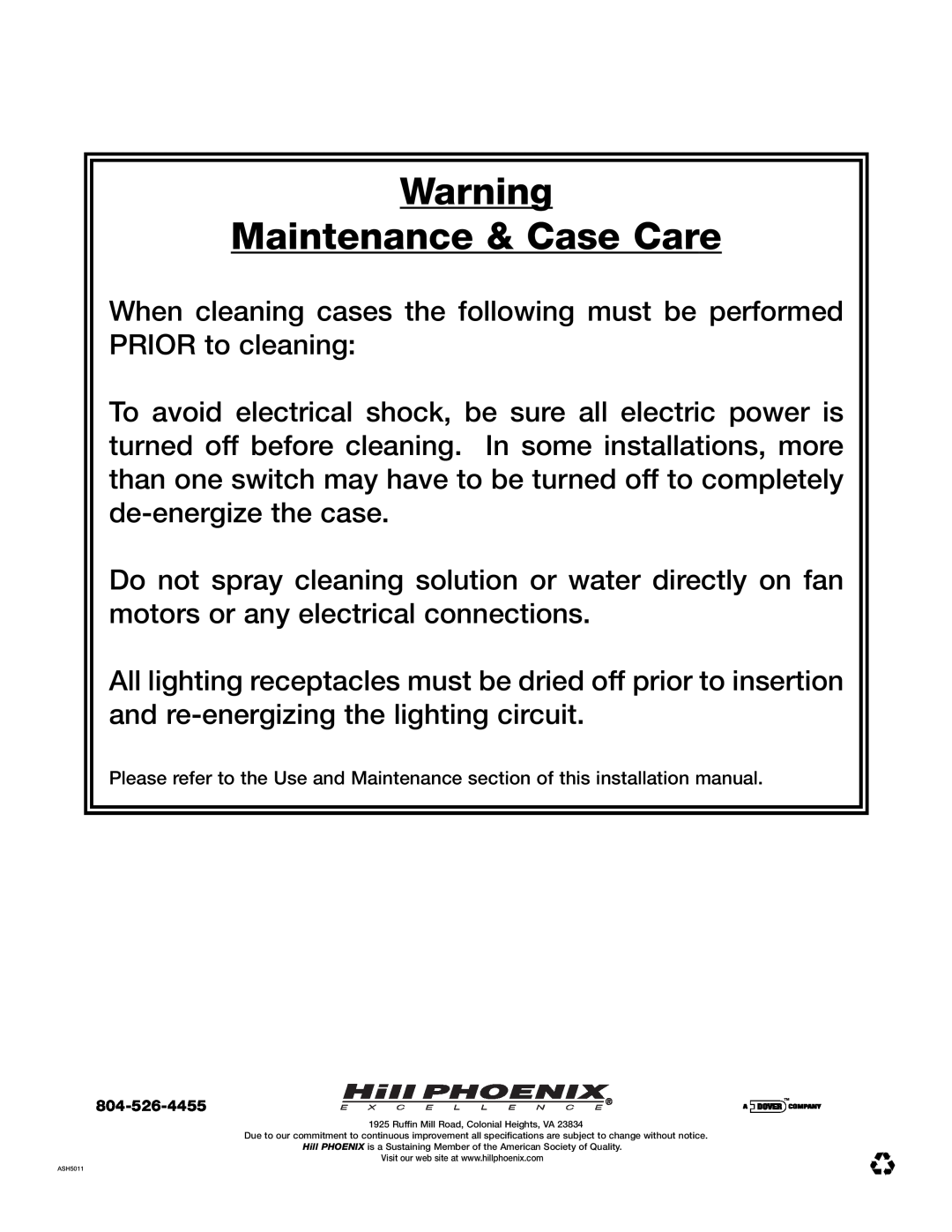 Hill Phoenix KRZH manual Maintenance & Case Care 