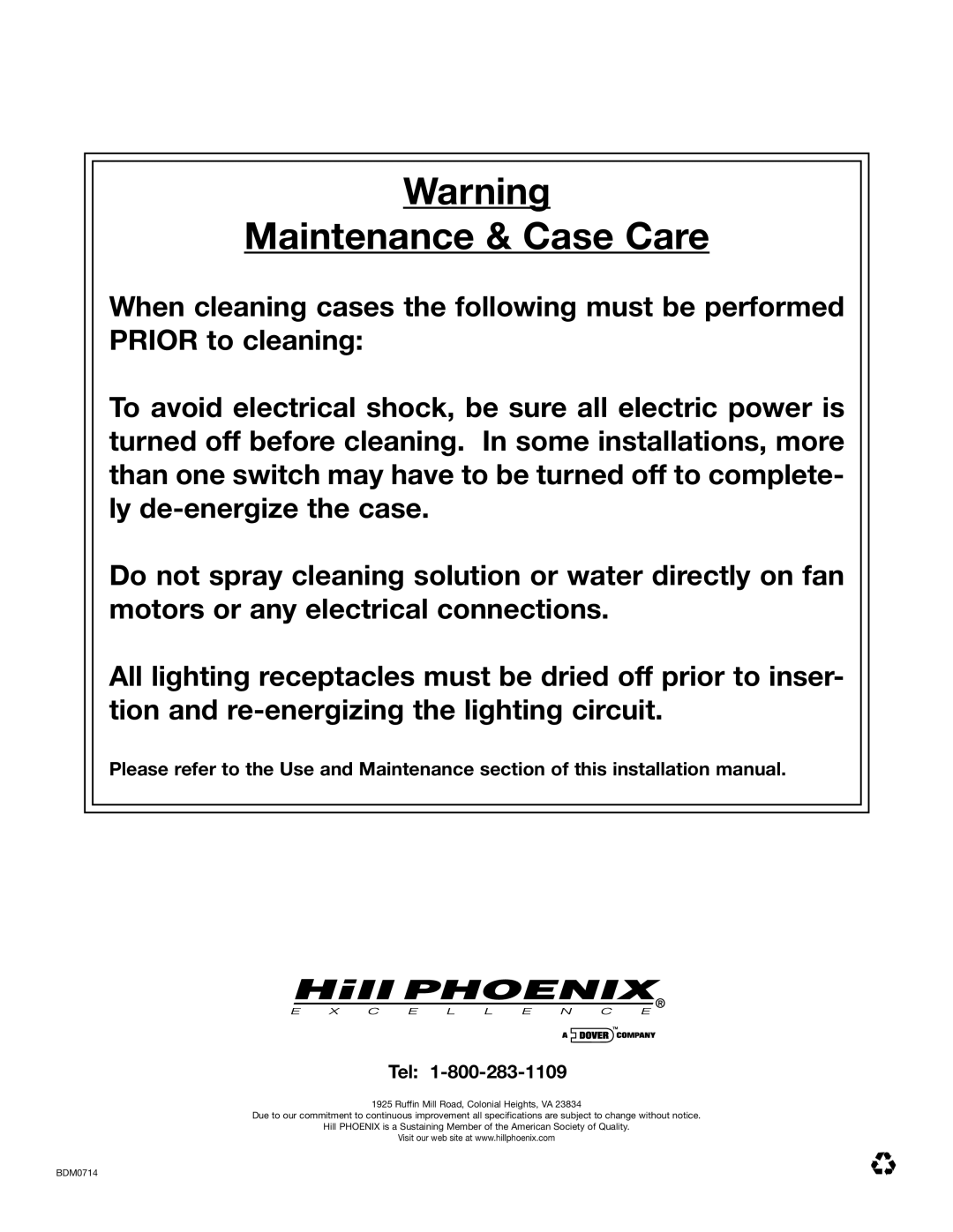 Hill Phoenix P074749F dimensions Maintenance & Case Care 