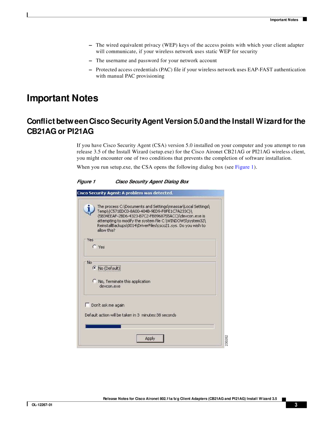 Hilme CB21AG, PI21AG manual Important Notes, Cisco Security Agent Dialog Box 