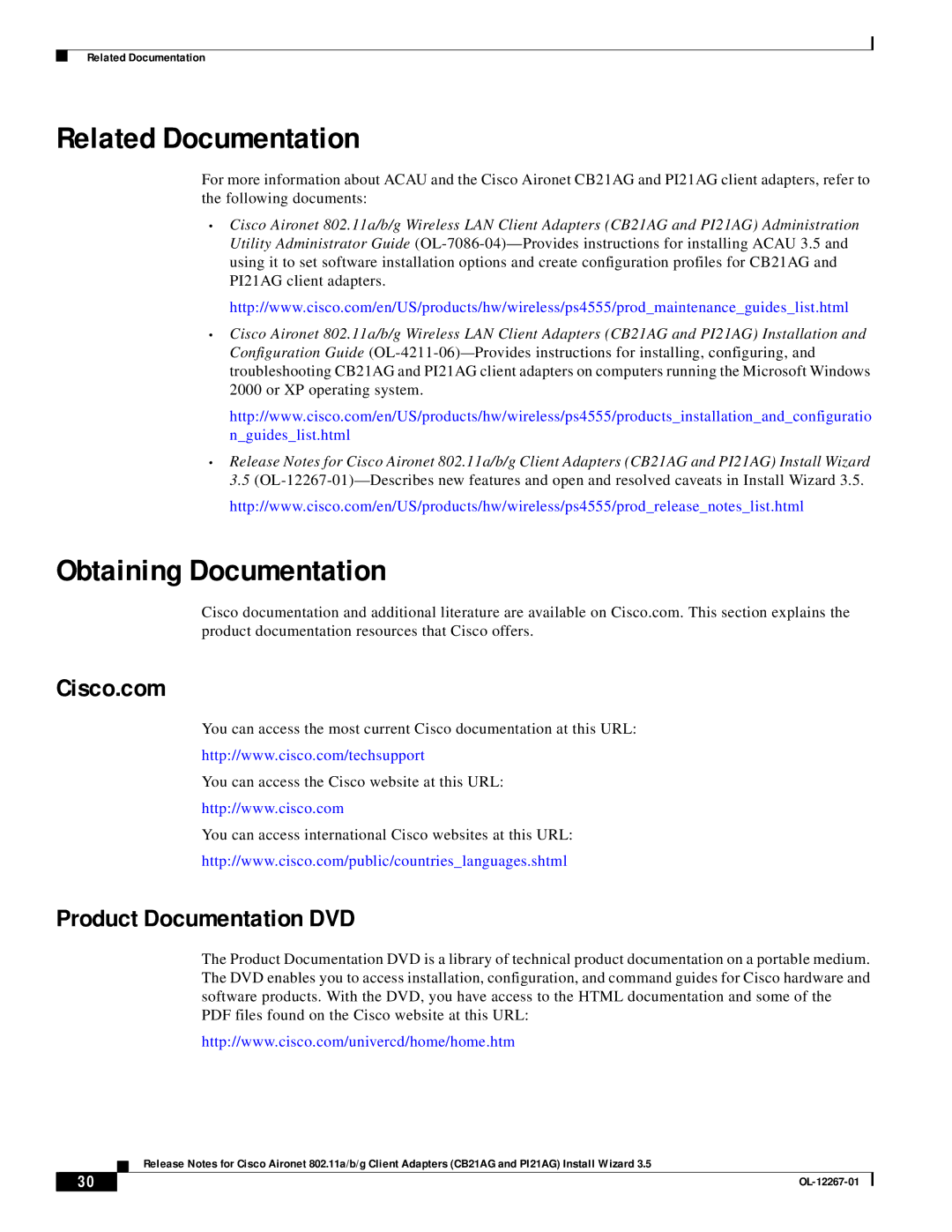 Hilme PI21AG, CB21AG manual Related Documentation, Obtaining Documentation, Cisco.com, Product Documentation DVD 