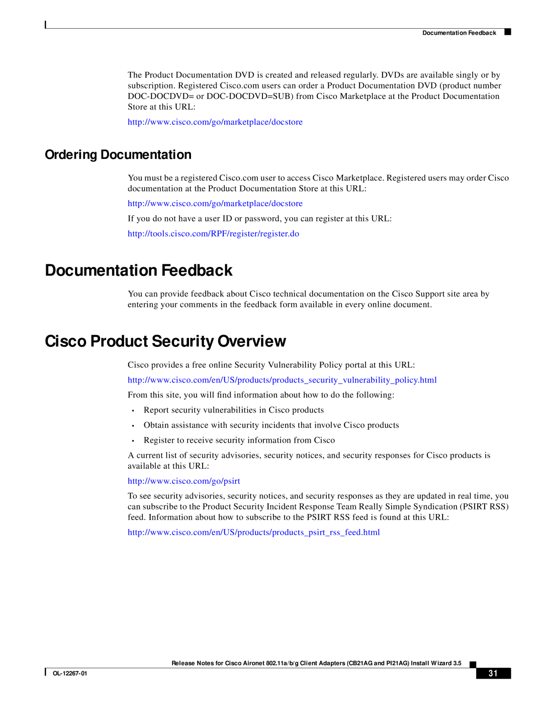 Hilme CB21AG, PI21AG manual Documentation Feedback, Cisco Product Security Overview, Ordering Documentation 