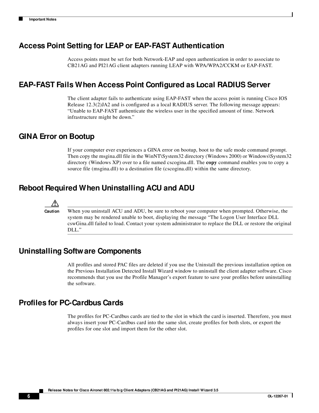 Hilme PI21AG Access Point Setting for Leap or EAP-FAST Authentication, Gina Error on Bootup, Profiles for PC-Cardbus Cards 