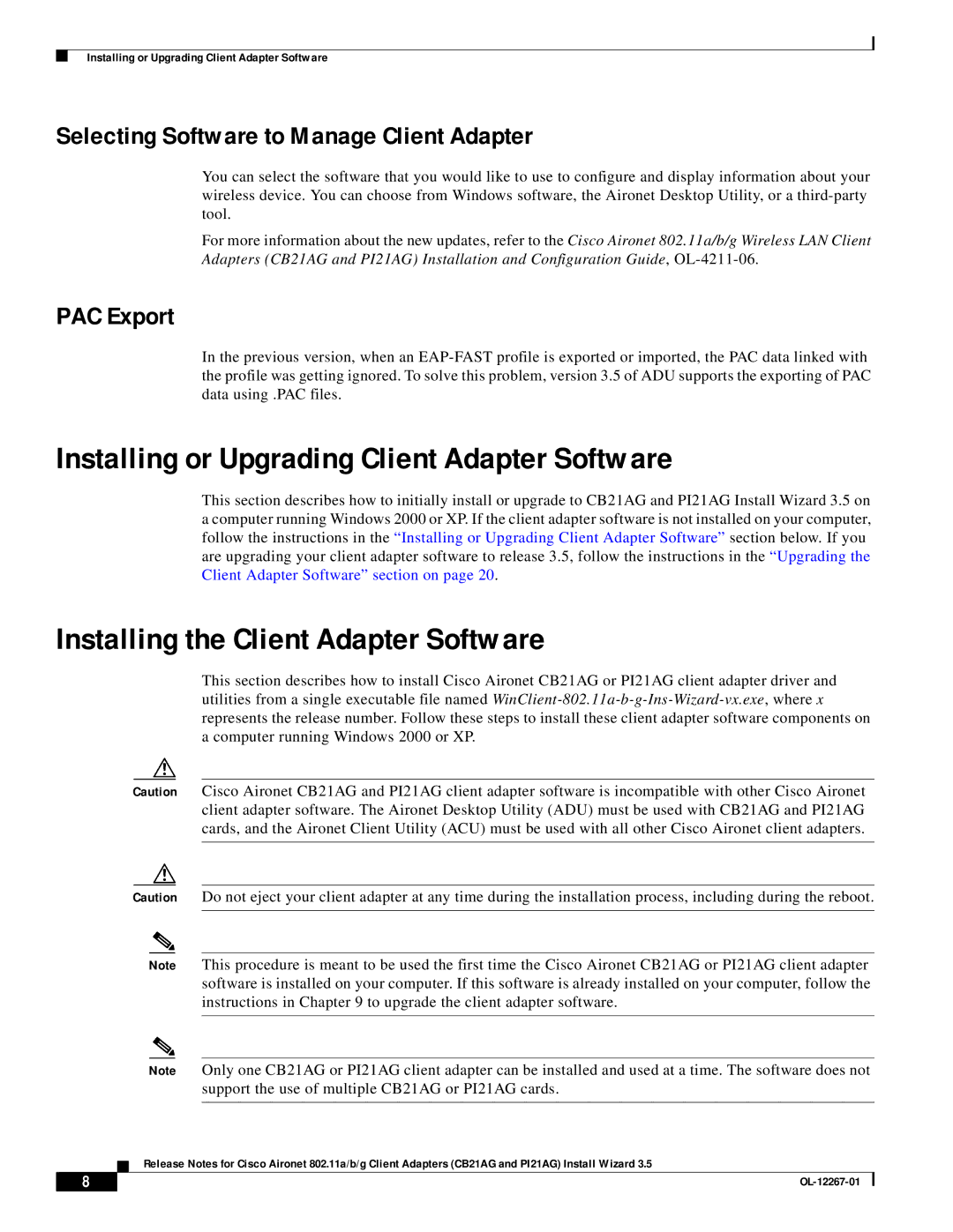 Hilme PI21AG, CB21AG Installing or Upgrading Client Adapter Software, Installing the Client Adapter Software, PAC Export 