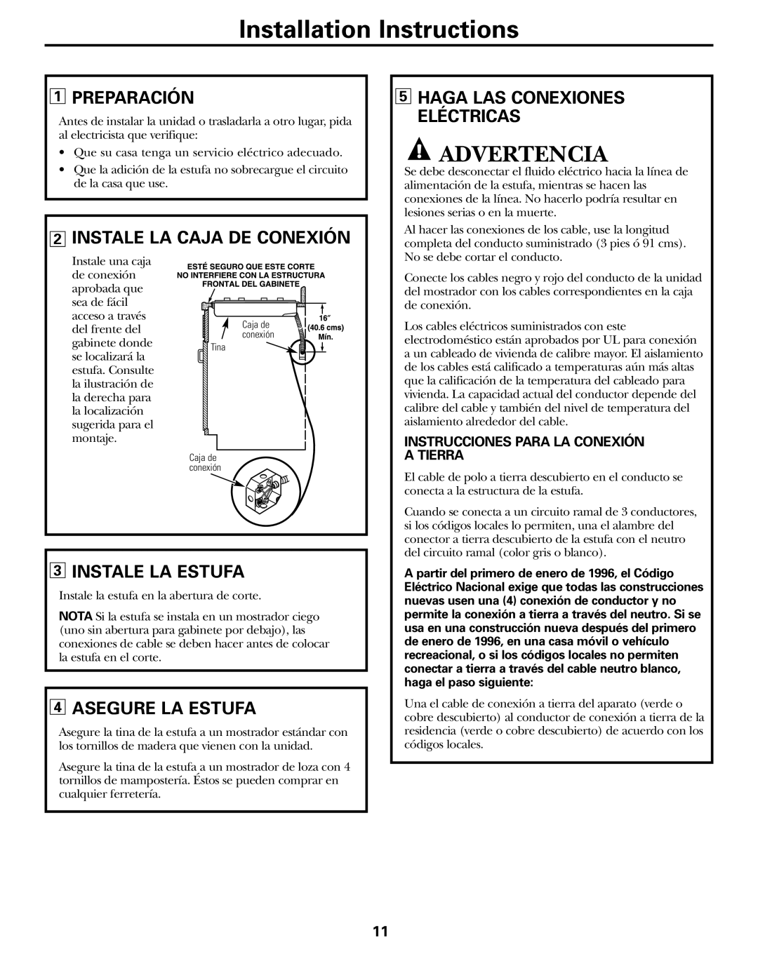 Hilti JP328, JP626 owner manual Preparación, Instale LA Caja DE Conexión, Instale LA Estufa, Asegure LA Estufa 