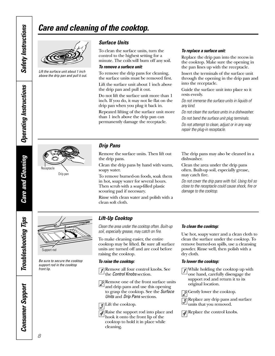 Hilti JP626, JP328 owner manual Operating Instructions Safety, Surface Units, Drip Pans, Lift-Up Cooktop 