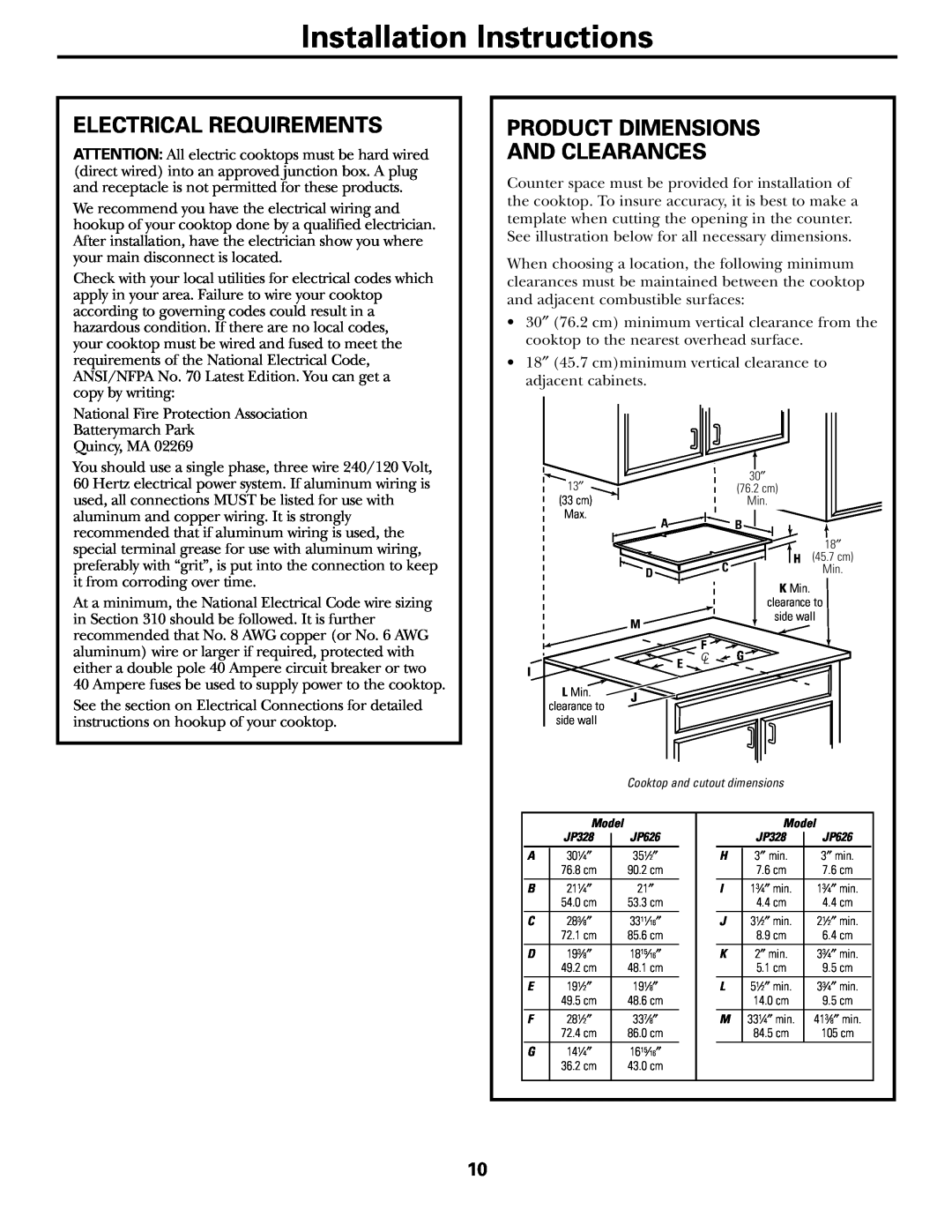 Hilti JP626, JP328 owner manual Installation Instructions, Electrical Requirements, Product Dimensions And Clearances 