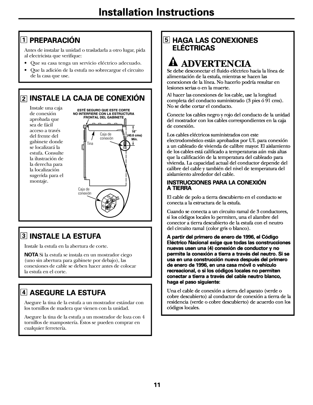 Hilti JP328, JP626 owner manual Advertencia, Preparación, Instale La Caja De Conexión, Instale La Estufa, Asegure La Estufa 