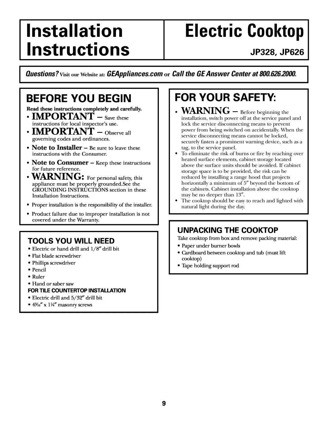 Hilti JP328, JP626 Installation Instructions, Electric Cooktop, Before You Begin, For Your Safety, IMPORTANT - Save these 