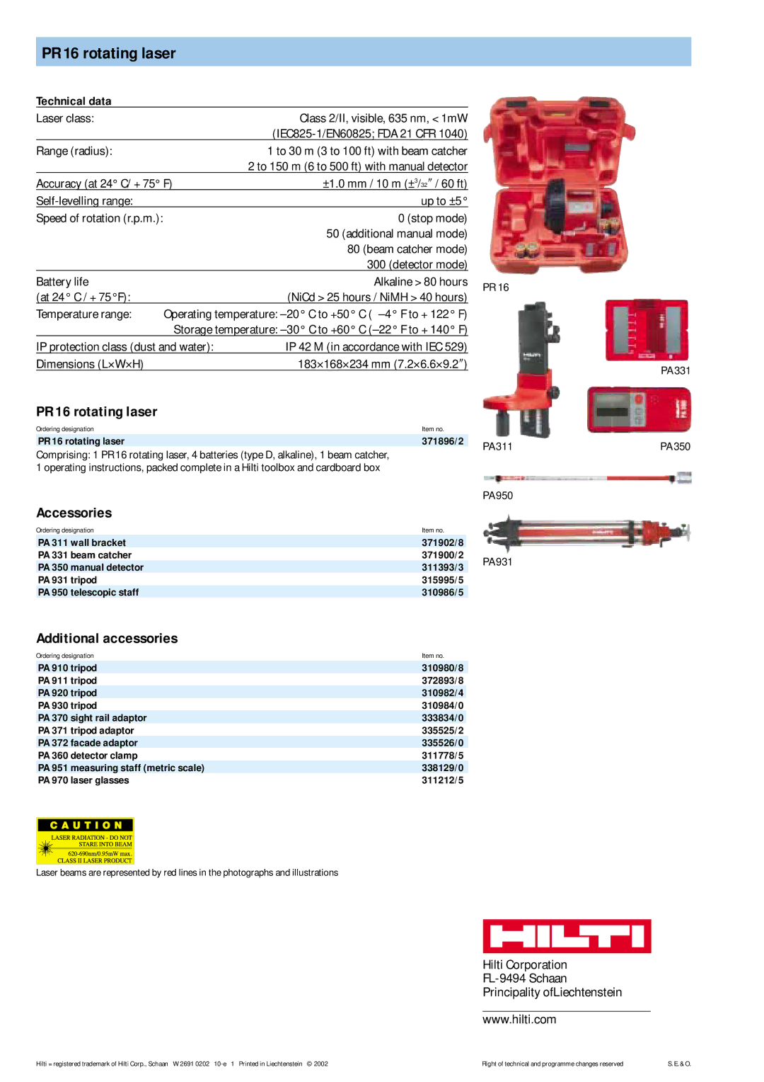 Hilti manual PR 16 rotating laser, Accessories, Additional accessories, Technical data 