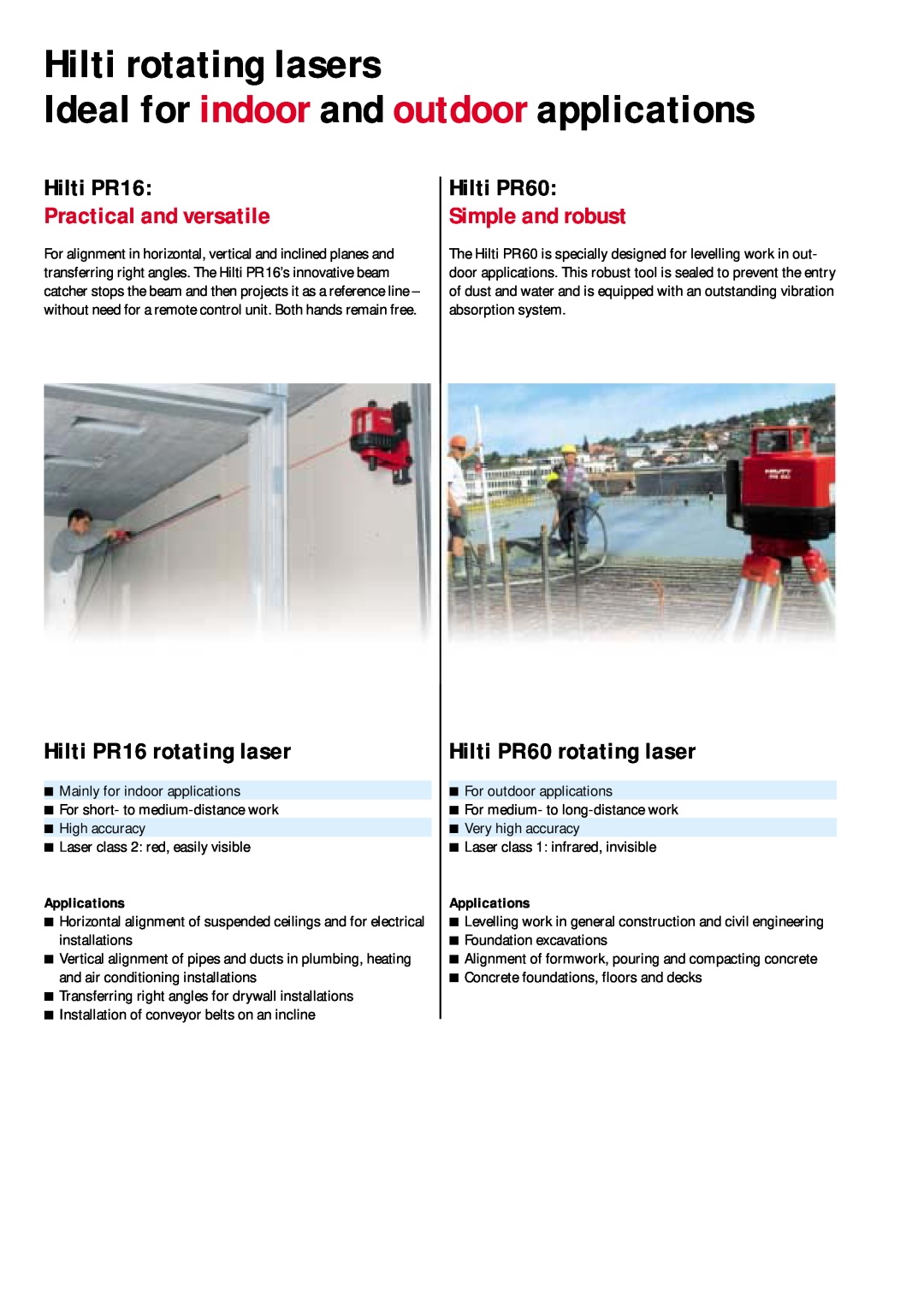 Hilti PR 16 manual Hilti rotating lasers Ideal for indoor and outdoor applications, Applications, Hilti PR16, Hilti PR60 