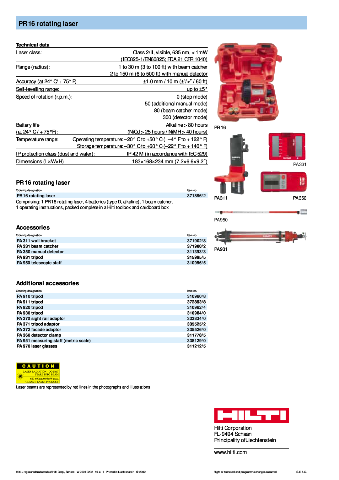 Hilti manual PR 16 rotating laser, Accessories, Additional accessories, Technical data, Hilti Corporation 