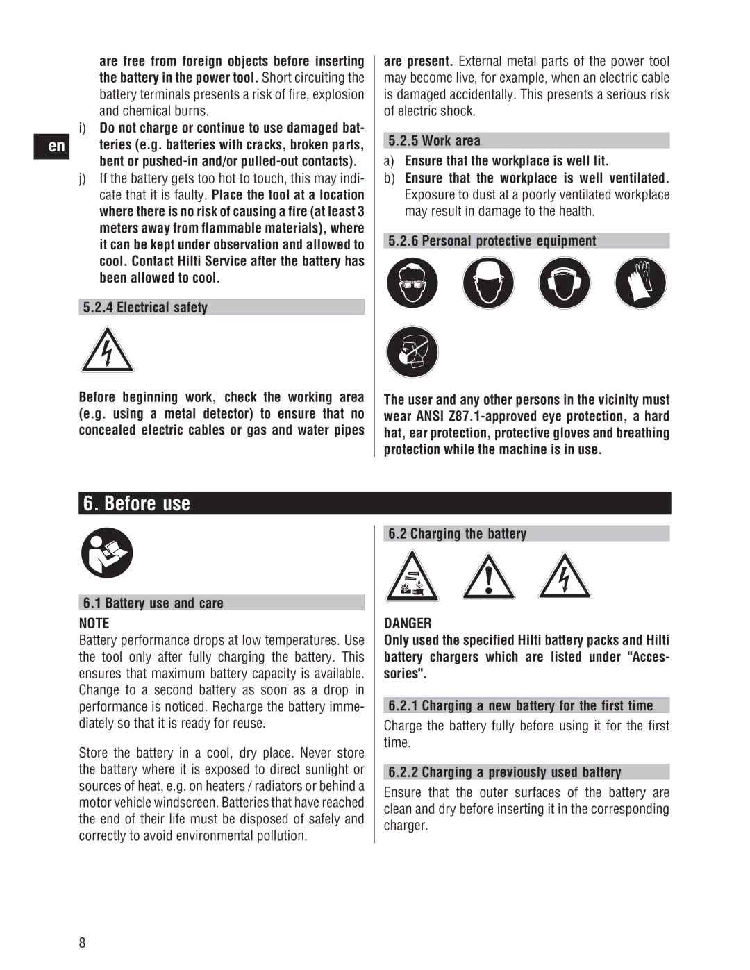 Hilti SID/SIW 14-A/18-A Before use, Work area Ensure that the workplace is well lit, Personal protective equipment 