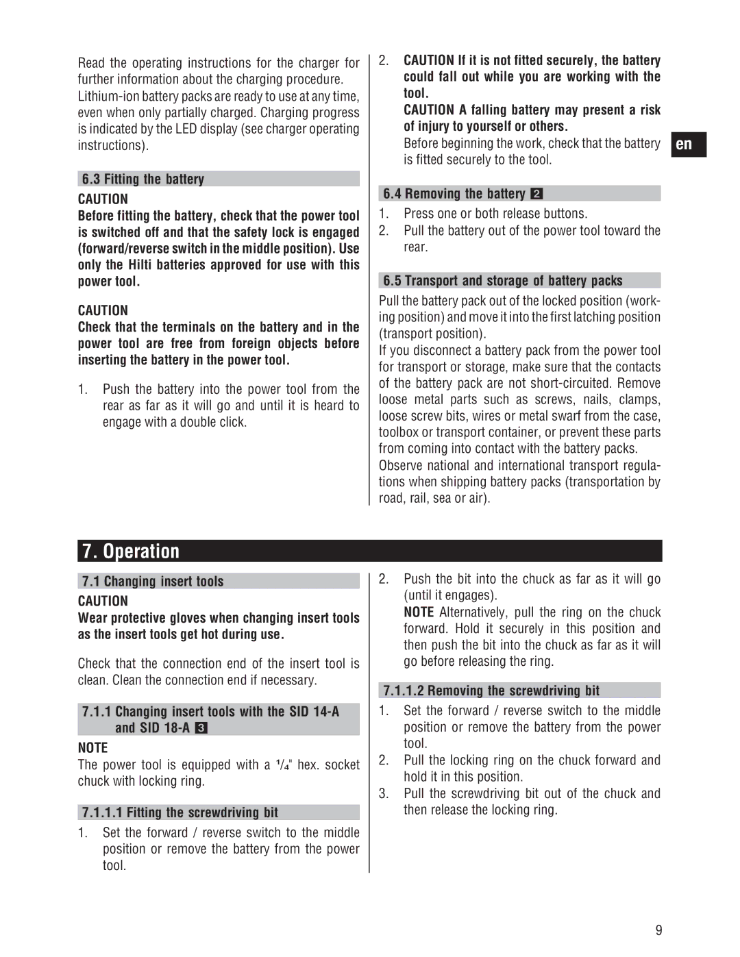 Hilti SID/SIW 14-A/18-A operating instructions Operation 