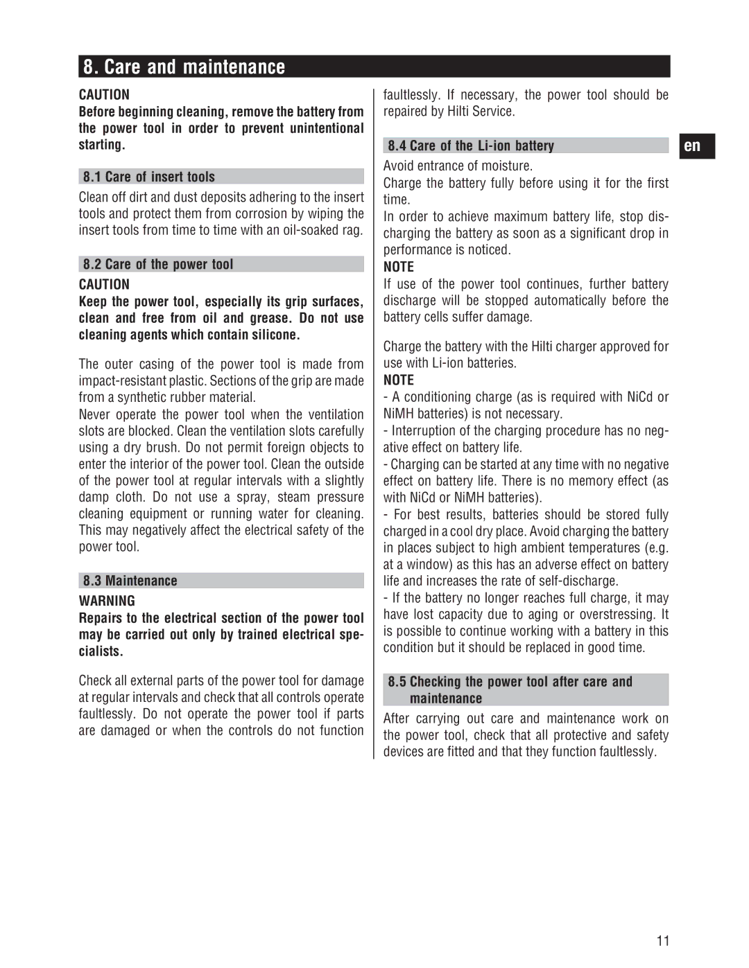 Hilti SID/SIW 14-A/18-A operating instructions Care and maintenance, Care of the power tool, Care of the Li-ion battery 