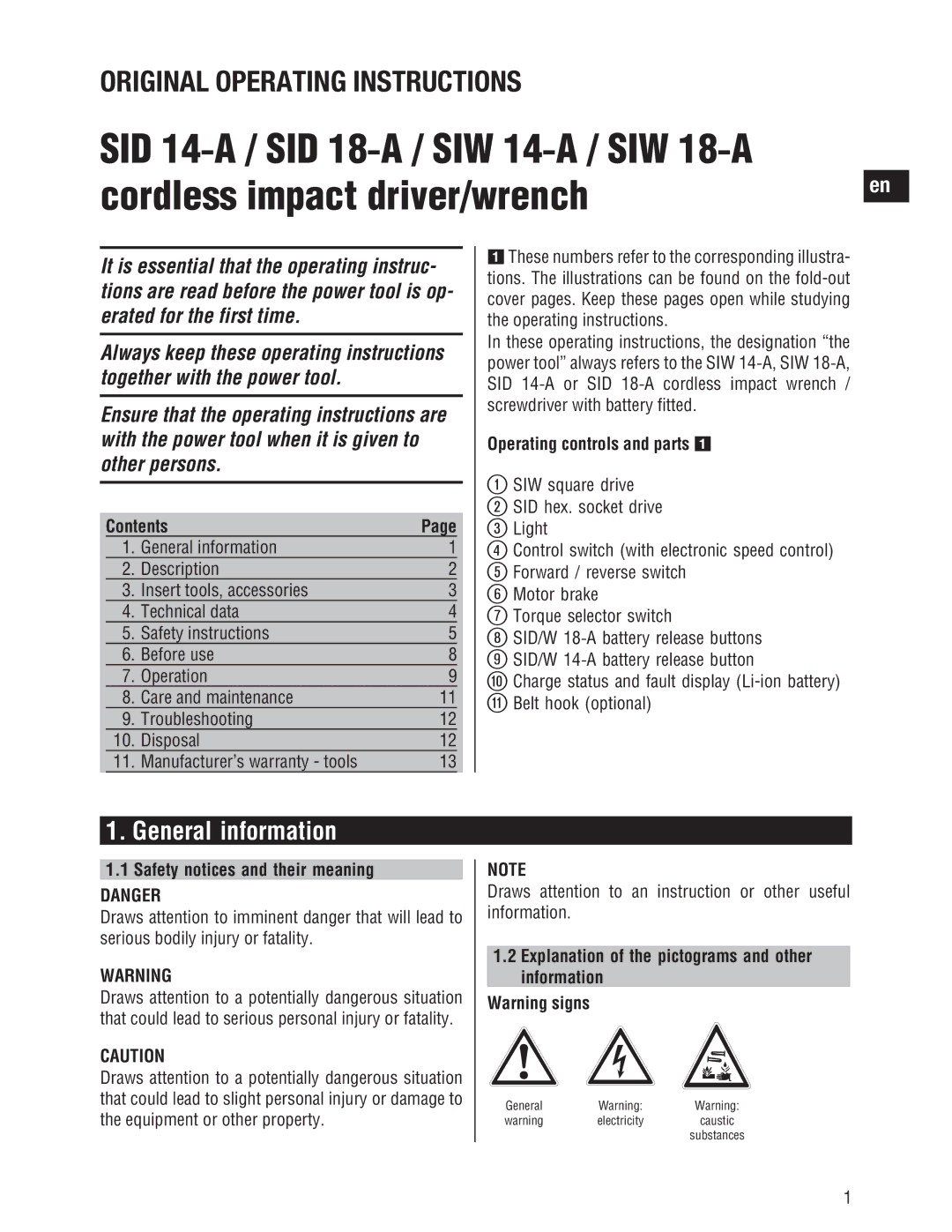 Hilti SID/SIW 14-A/18-A General information, Contents, Operating controls and parts, Safety notices and their meaning 