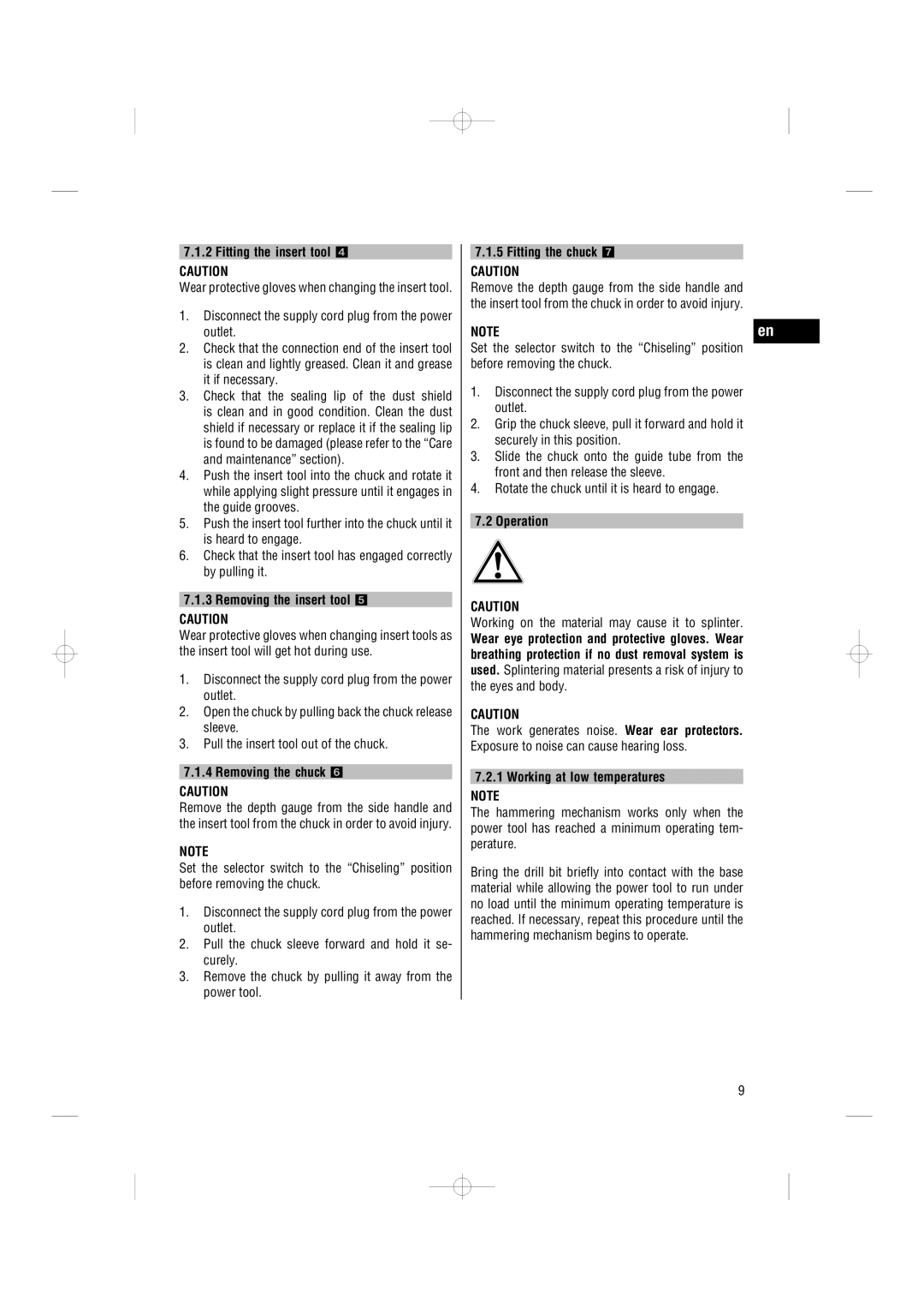Hilti TE 7-C Fitting the insert tool, Removing the insert tool, Removing the chuck, Fitting the chuck, Operation 