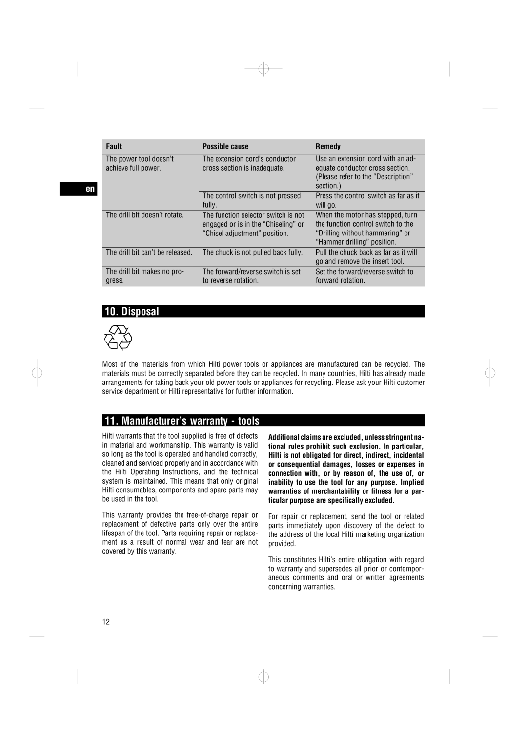 Hilti TE 7-C operating instructions Disposal, Manufacturer’s warranty tools 