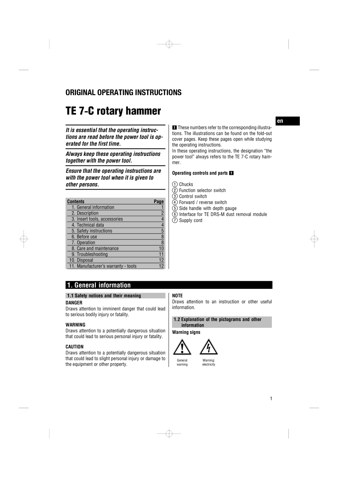 Hilti TE 7-C General information, Contents, Operating controls and parts, Safety notices and their meaning 