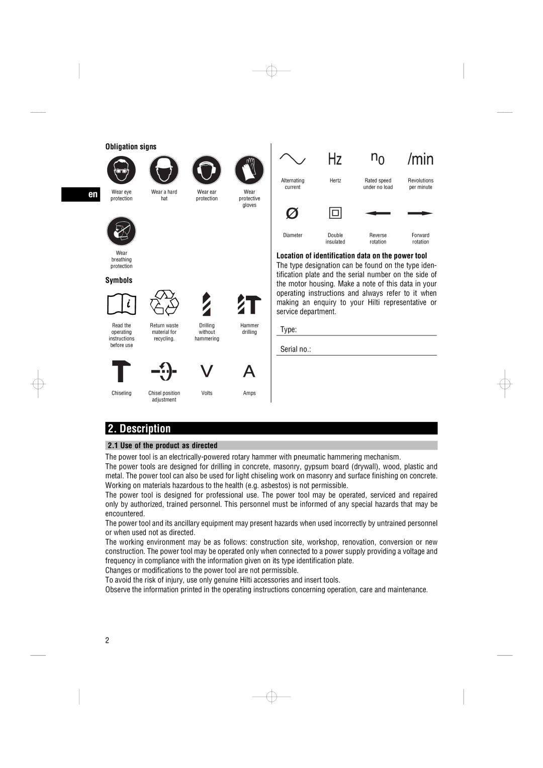 Hilti TE 7-C Description, Obligation signs, Symbols, Location of identification data on the power tool 