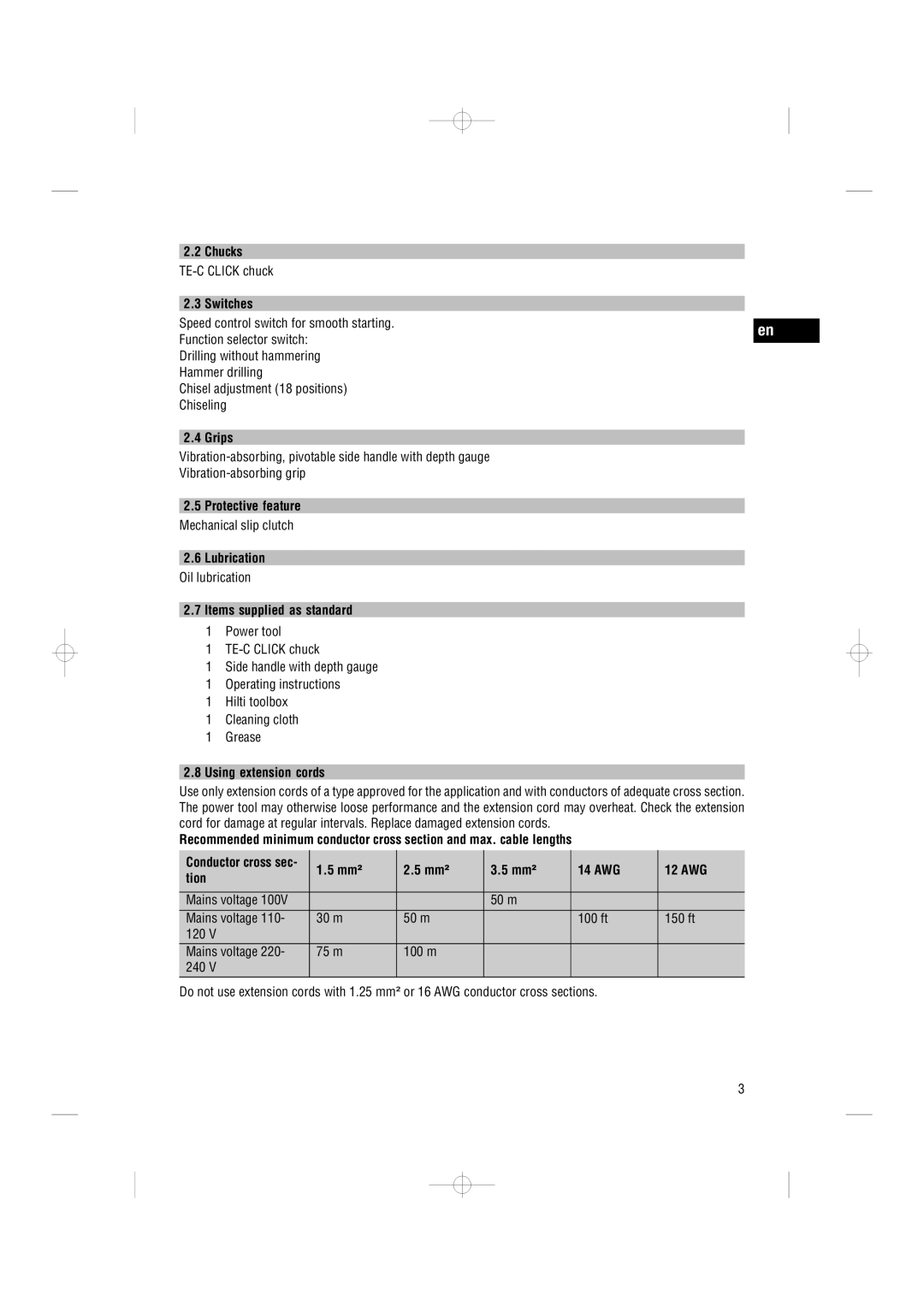 Hilti TE 7-C operating instructions Chucks, Switches, Grips, Lubrication, Items supplied as standard, Using extension cords 