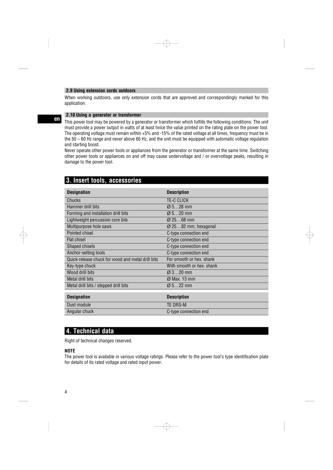 Hilti TE 7-C Insert tools, accessories, Technical data, Using extension cords outdoors, Using a generator or transformer 
