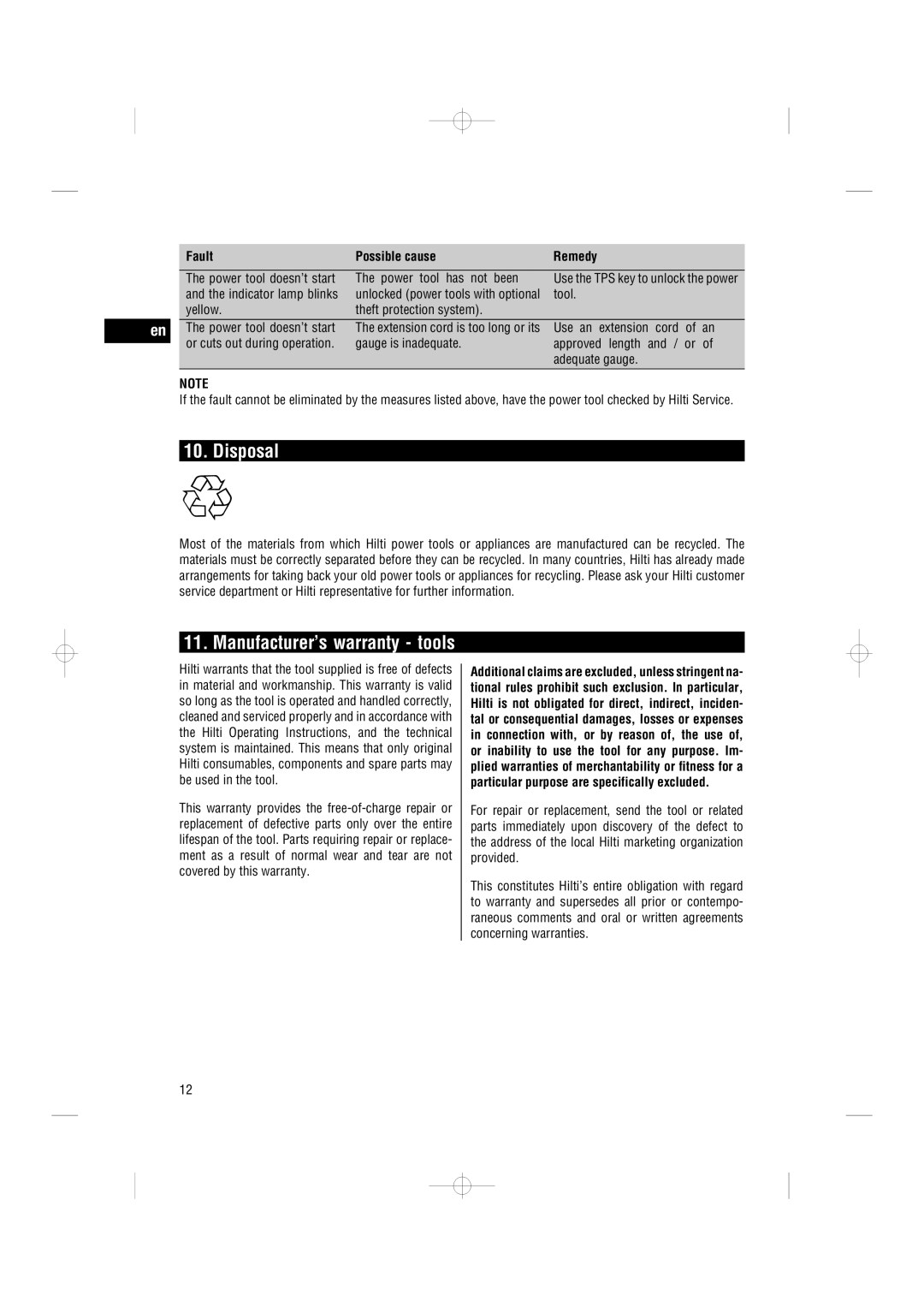 Hilti TE3000-AVR operating instructions Disposal, Manufacturer’s warranty tools 