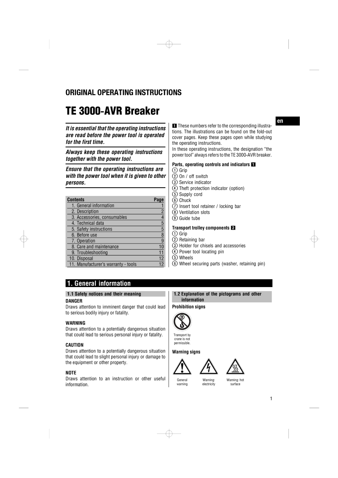 Hilti TE3000-AVR General information, Contents, Parts, operating controls and indicators, Safety notices and their meaning 