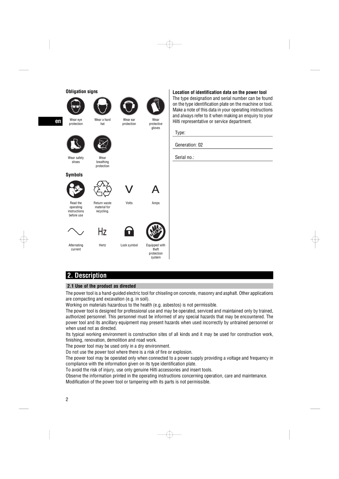 Hilti TE3000-AVR operating instructions Description, Obligation signs, Symbols, Use of the product as directed 