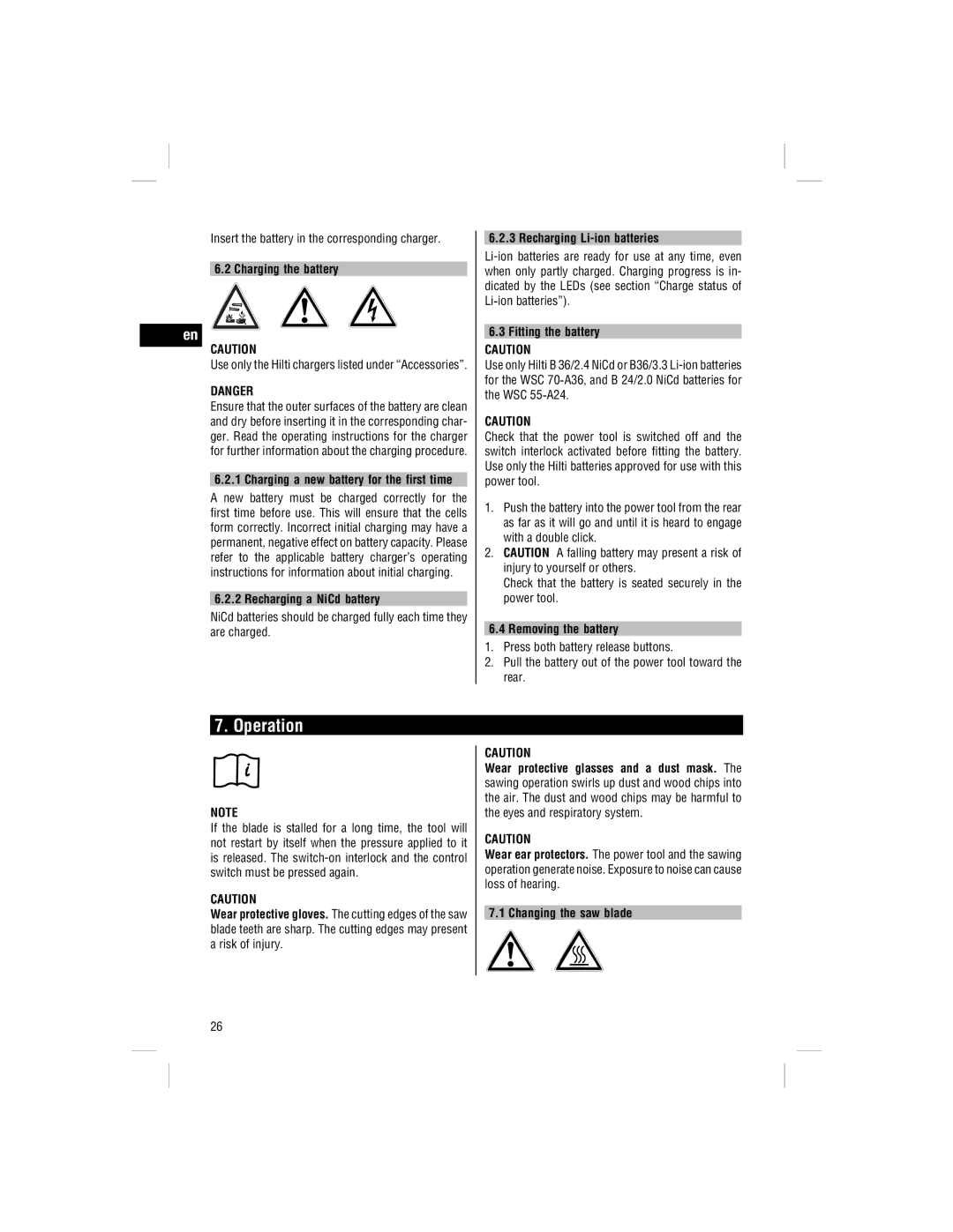 Hilti WSC 70-A36, WSC 55-A24 operating instructions Operation 