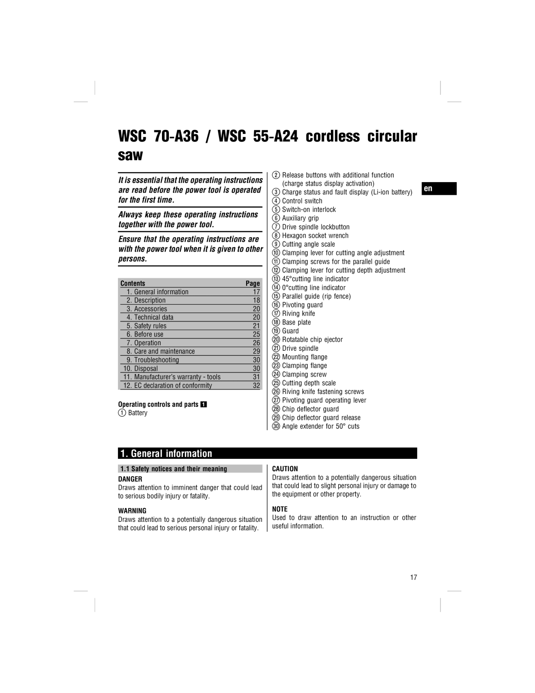 Hilti WSC 55-A24, WSC 70-A36 General information, Contents, Operating controls and parts, Safety notices and their meaning 