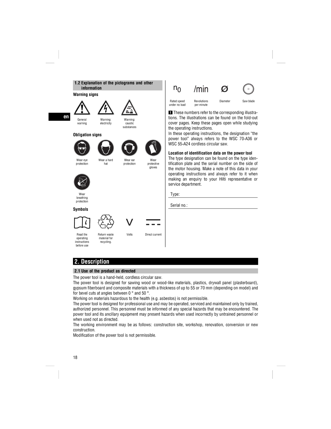 Hilti WSC 70-A36, WSC 55-A24 Description, Explanation of the pictograms and other information, Obligation signs, Symbols 