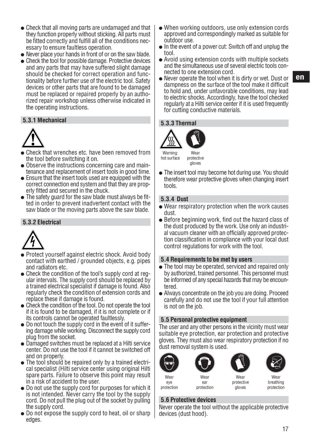 Hilti WSJ 850 Mechanical, Electrical, Thermal, Dust, Requirements to be met by users, Personal protective equipment 