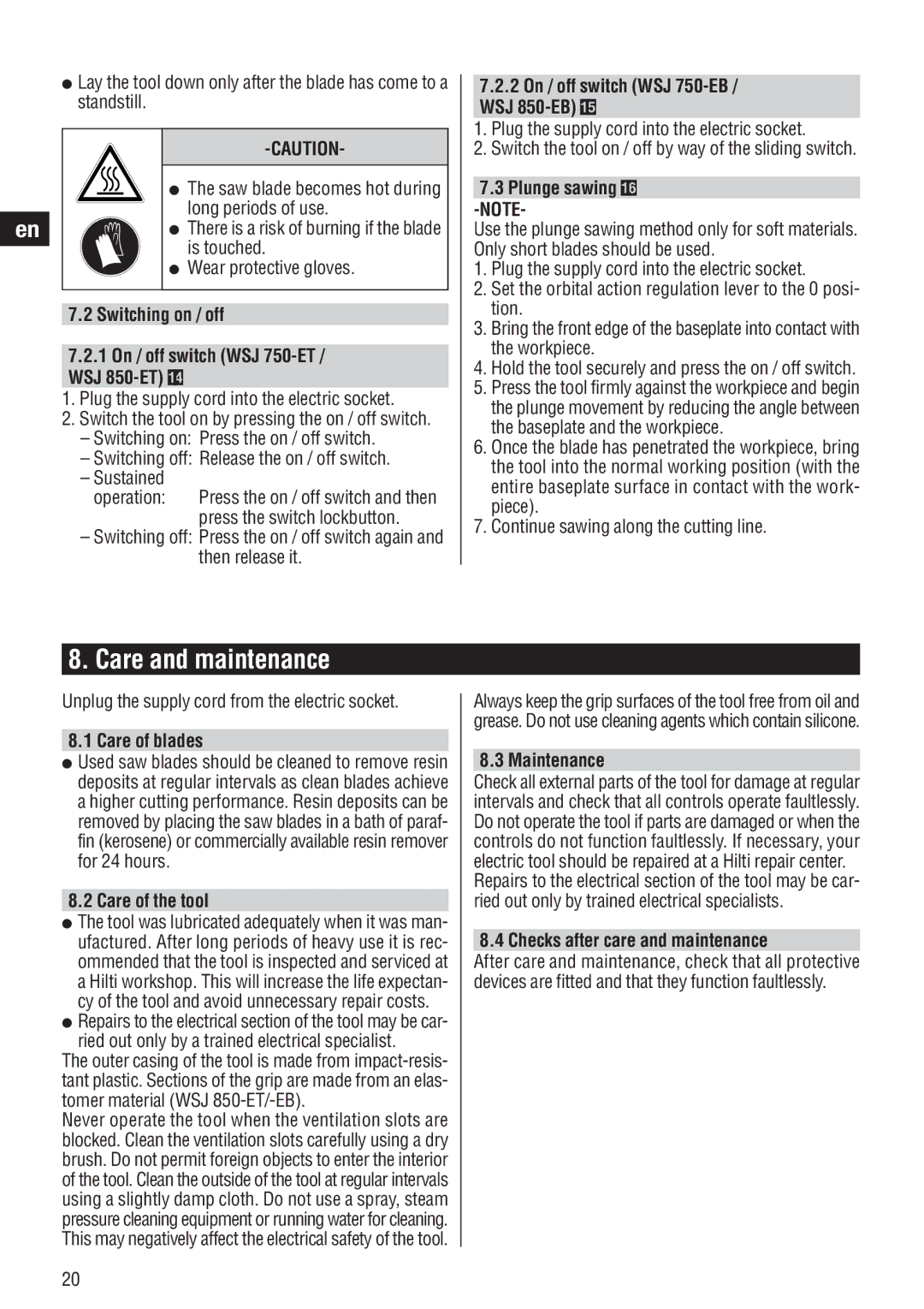 Hilti WSJ 750, WSJ 850 operating instructions Care and maintenance 