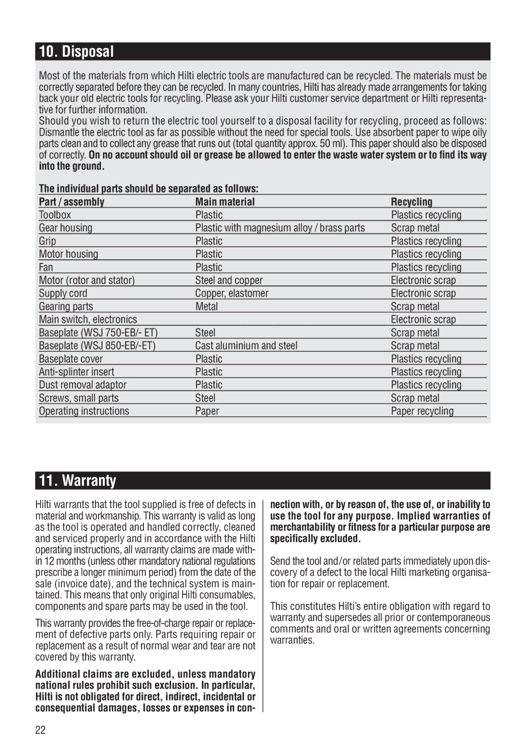 Hilti WSJ 750, WSJ 850 operating instructions Disposal, Warranty 