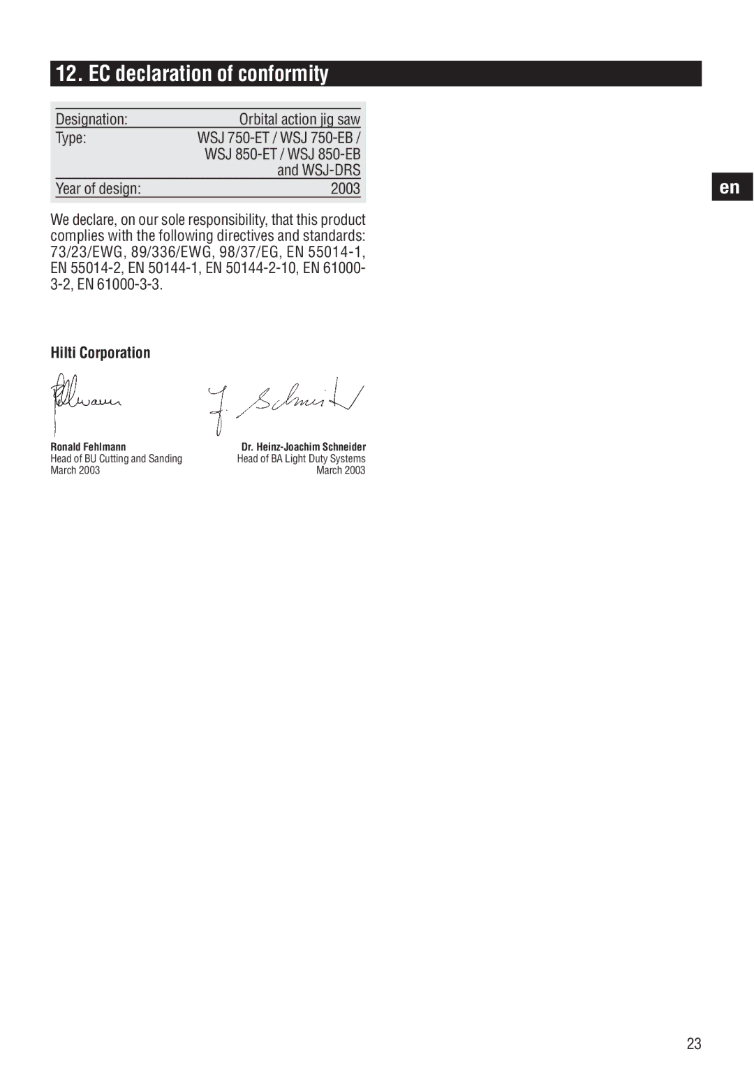 Hilti WSJ 850, WSJ 750 operating instructions EC declaration of conformity, Designation, Type, Hilti Corporation 