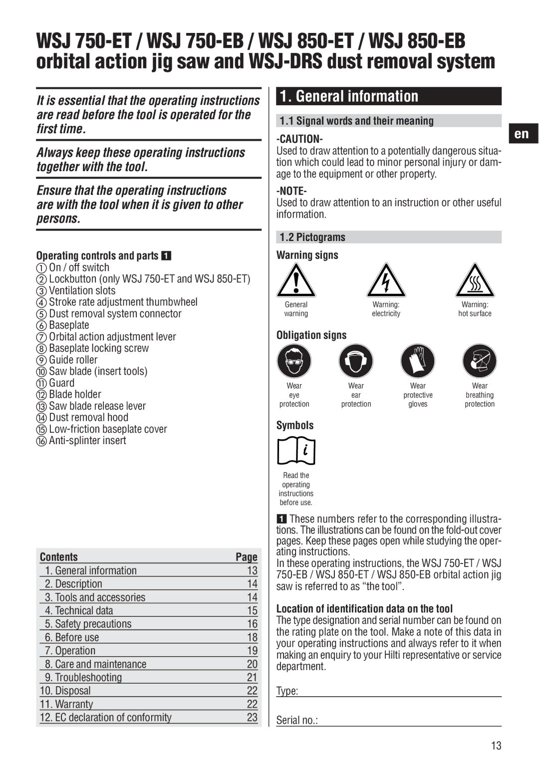 Hilti WSJ 850, WSJ 750 operating instructions General information 