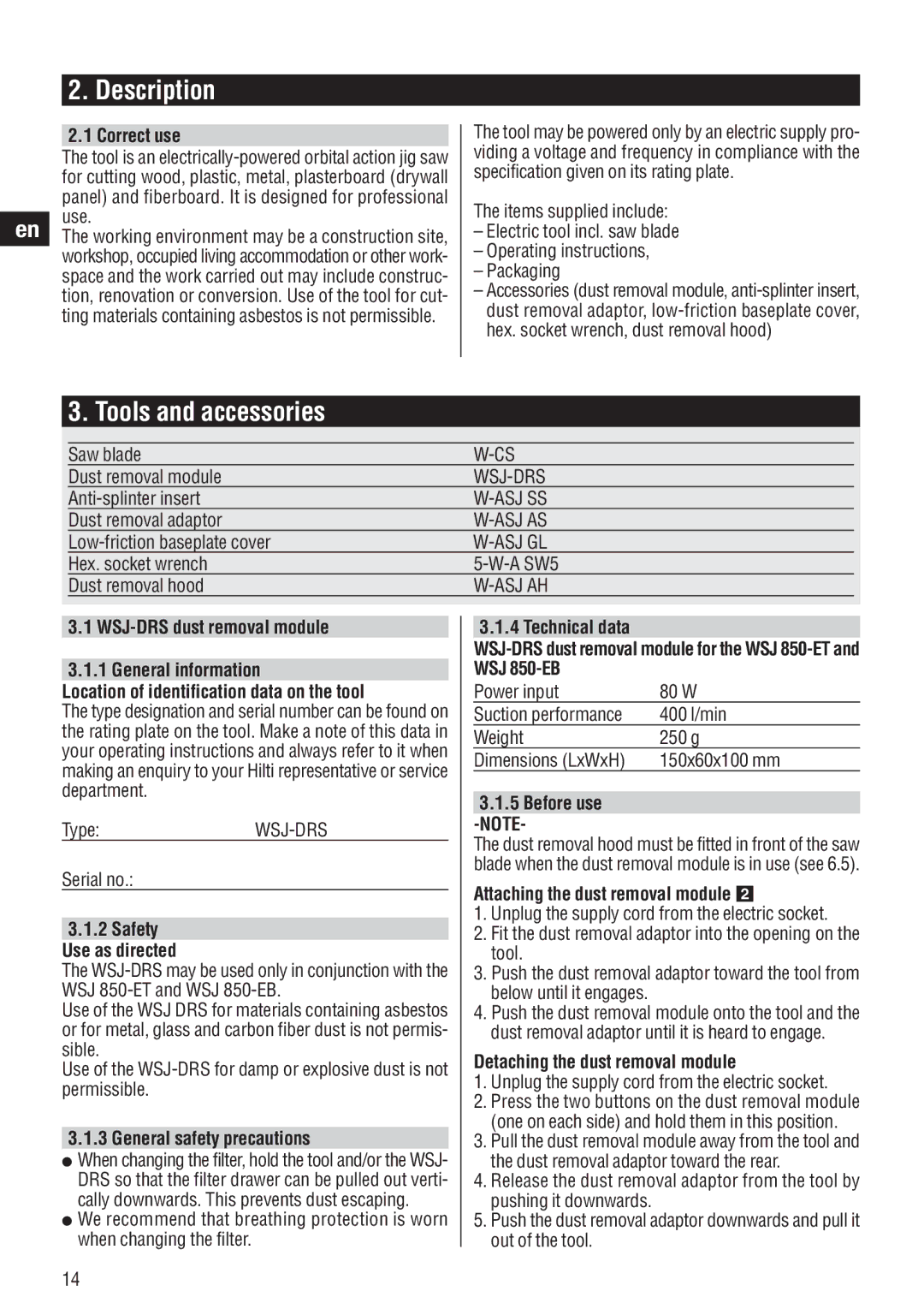 Hilti WSJ 750, WSJ 850 operating instructions Description, Tools and accessories 