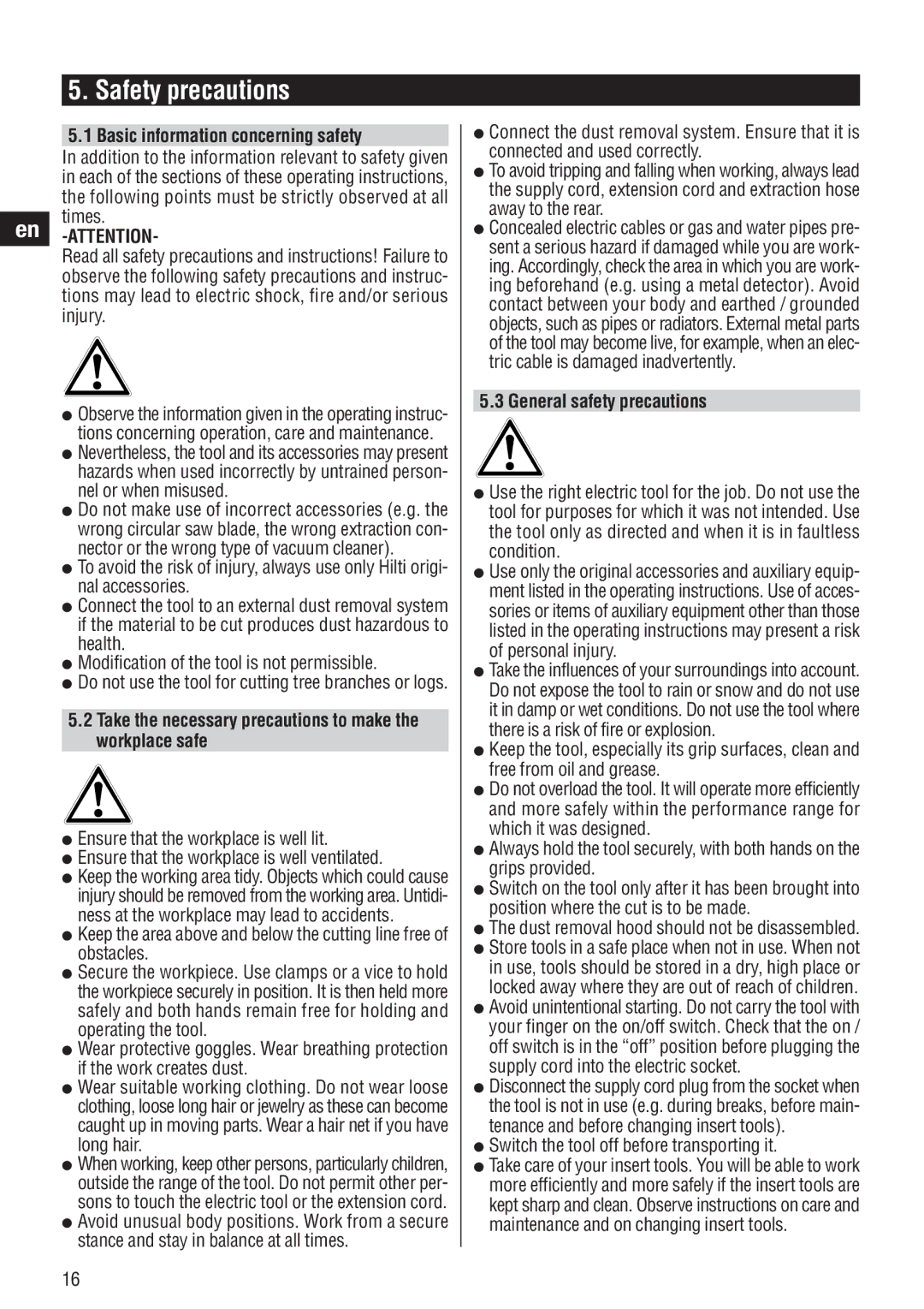 Hilti WSJ 750, WSJ 850 operating instructions Safety precautions, Basic information concerning safety, En -ATTENTION 