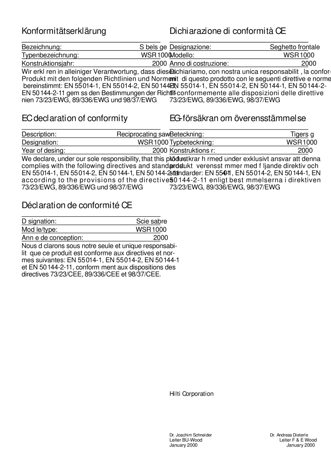 Hilti WSR1000 Konformitätserklärung, EC declaration of conformity, Déclaration de conformité CE, Hilti Corporation 