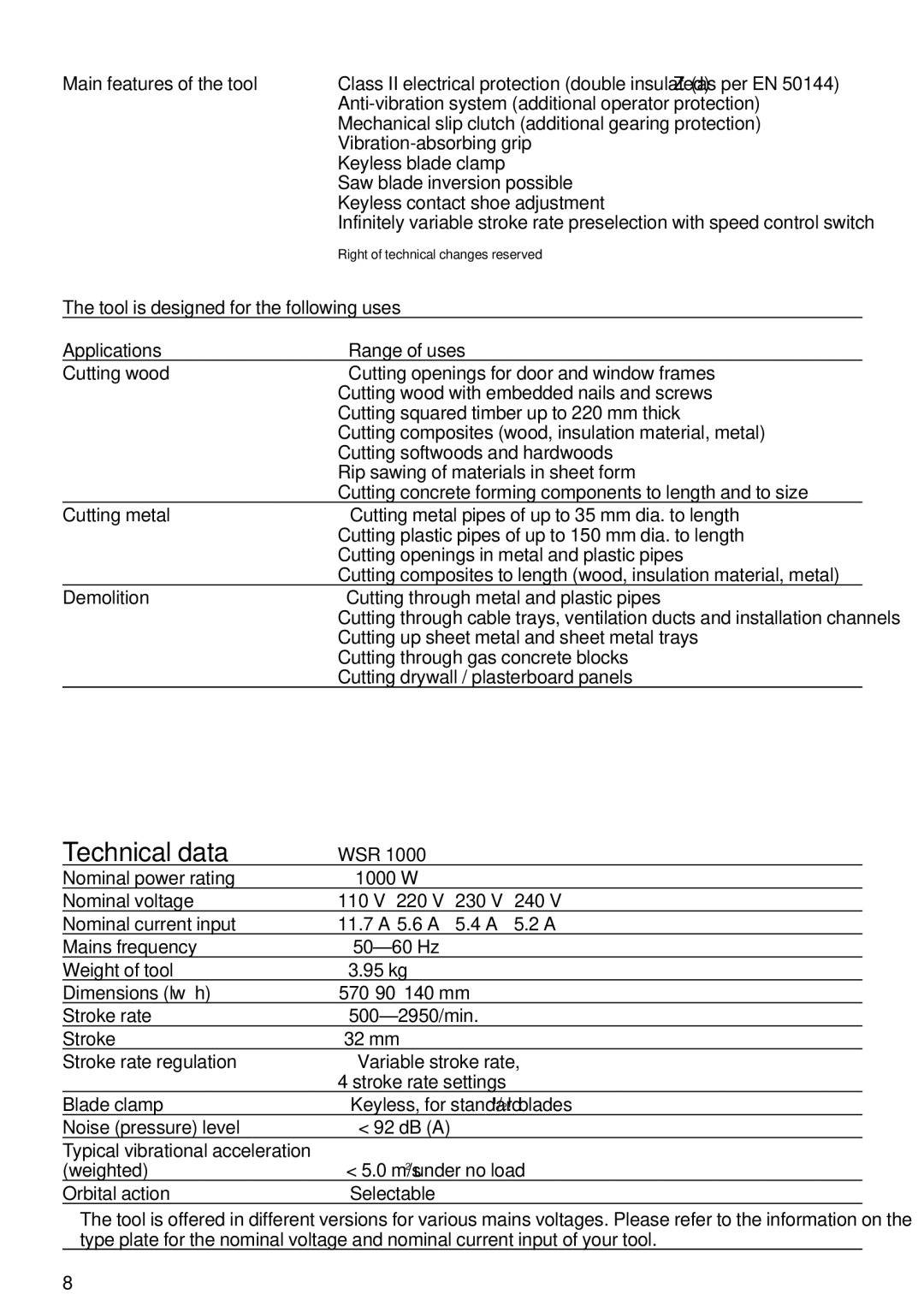 Hilti WSR1000 Technical data, Main features of the tool, Tool is designed for the following uses, Wsr 