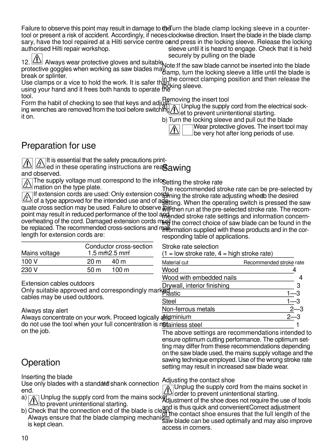 Hilti WSR1000 operating instructions Preparation for use, Operation, Sawing 