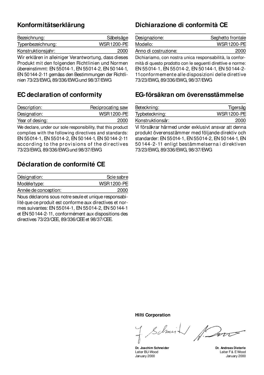 Hilti WSR1200-PE Konformitätserklärung, EC declaration of conformity, Déclaration de conformité CE, Hilti Corporation 