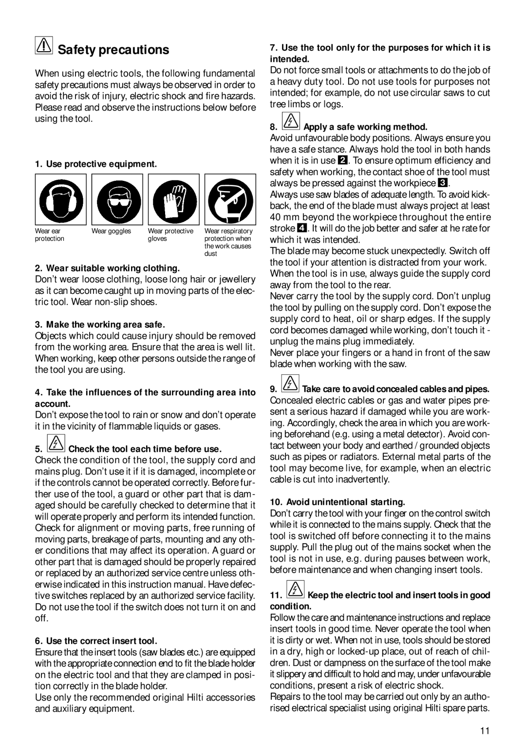 Hilti WSR1200-PE operating instructions Safety precautions 