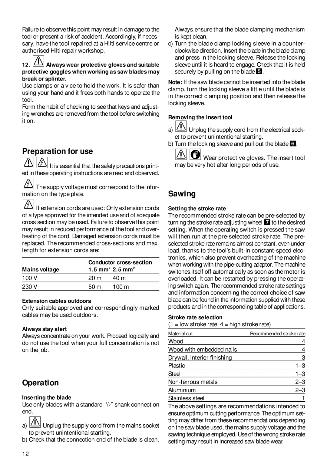 Hilti WSR1200-PE operating instructions Preparation for use, Operation, Sawing 